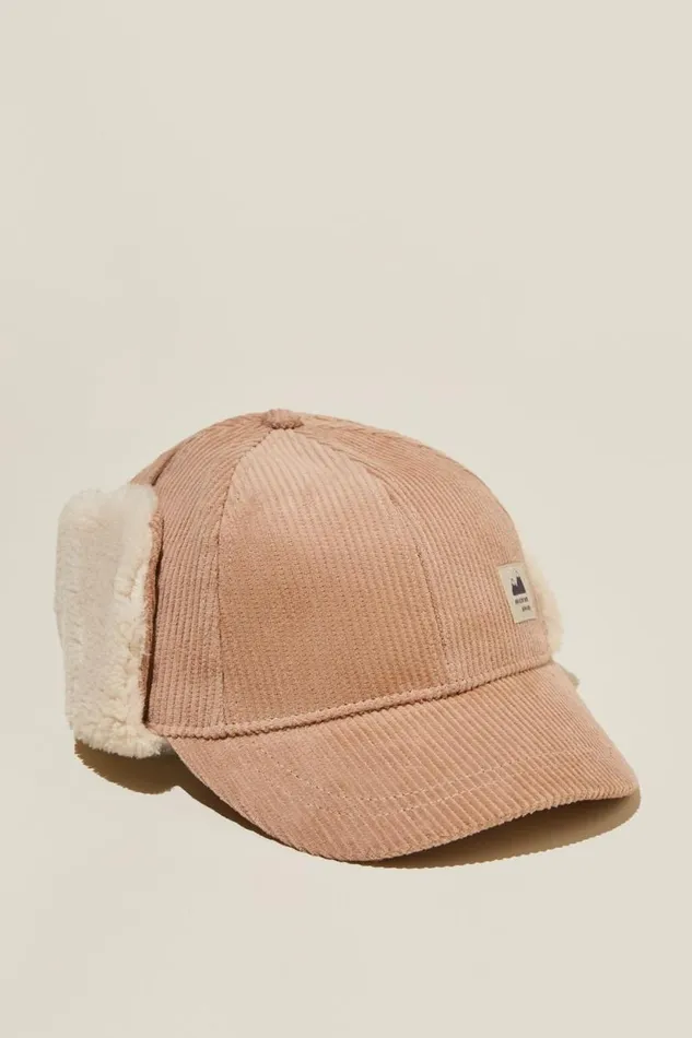 Tommy Trapper Cap Taupy Brown Cord GirlsBoys Cotton On Hats and Beanies