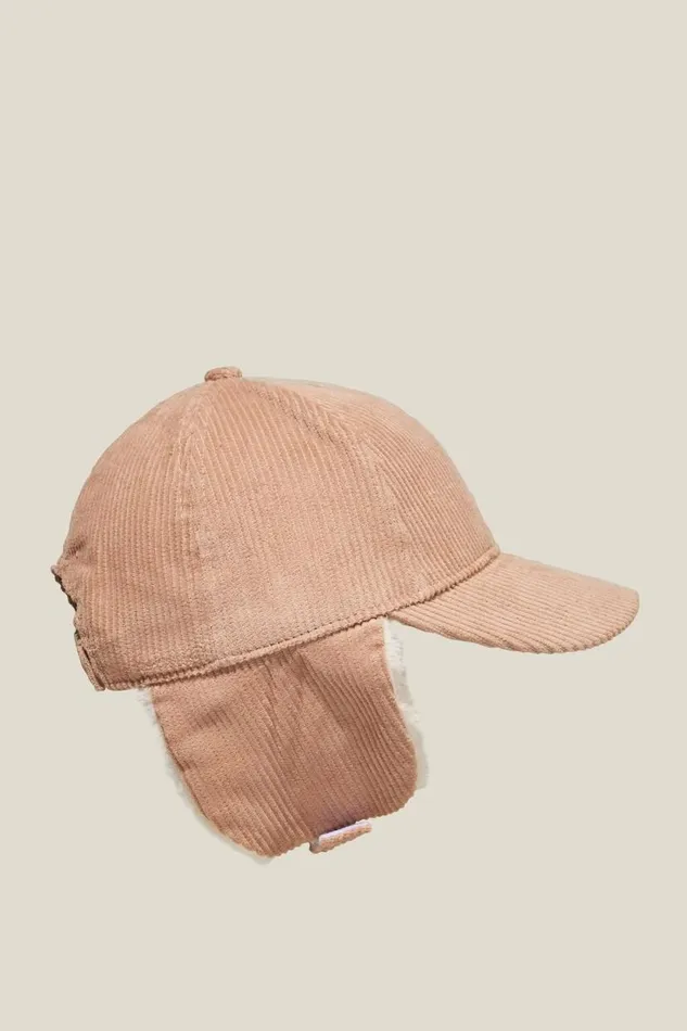 Tommy Trapper Cap Taupy Brown Cord GirlsBoys Cotton On Hats and Beanies