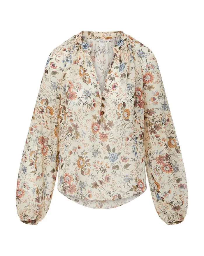 Tops and Tees Shop Veronica Beard Clarina Floral SilkGeorgette Top Ecru Multi