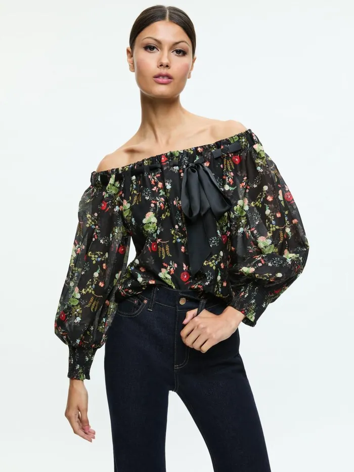 Tops Women Alice Olivia ALTA OFF THE SHOULDER TOP Blush Kiss Black