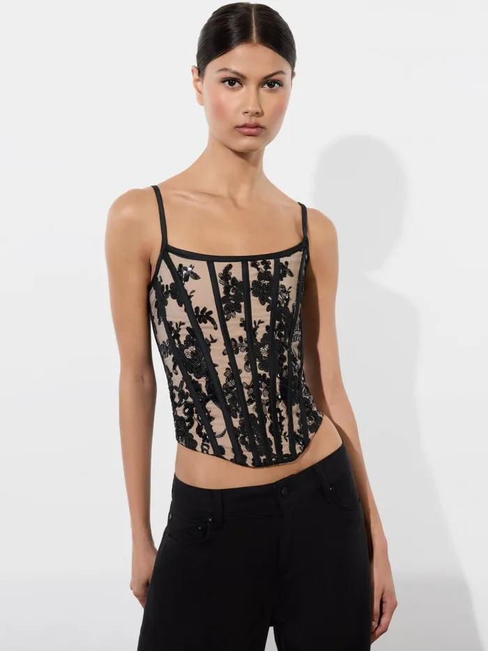 Tops Women Alice Olivia CRESSIDA EMBELLISHED SCOOP NECK CORSET TOP Blackalmond Tops Women Alice Olivia CRESSIDA EMBELLISHED SCOOP NECK CORSET TOP Blackalmond
