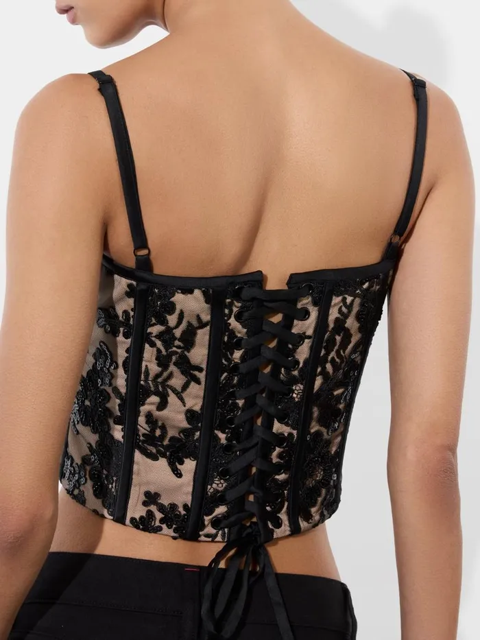 Tops Women Alice Olivia CRESSIDA EMBELLISHED SCOOP NECK CORSET TOP Blackalmond