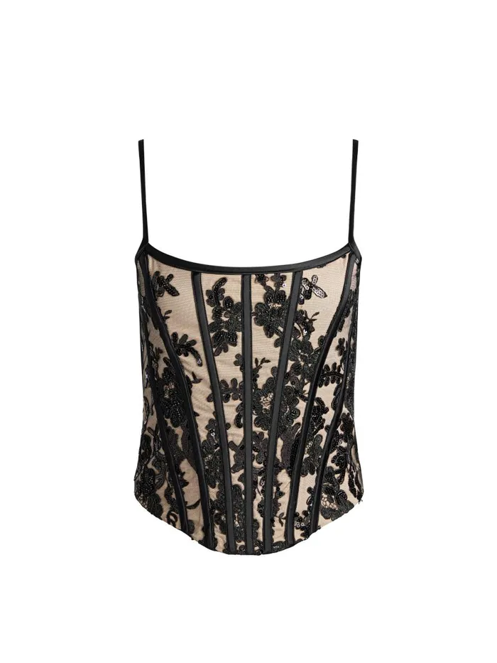 Tops Women Alice Olivia CRESSIDA EMBELLISHED SCOOP NECK CORSET TOP Blackalmond