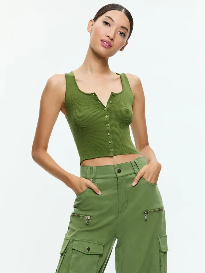 Tops Women Alice Olivia DARYN BUTTON THROUGH CROPPED TANK Avocado