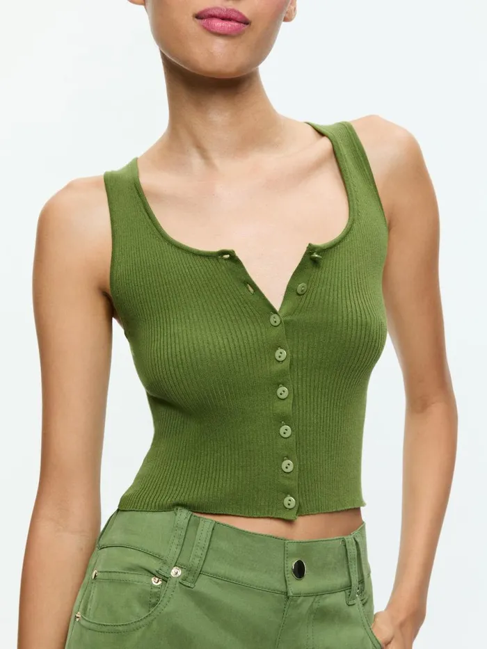 Tops Women Alice Olivia DARYN BUTTON THROUGH CROPPED TANK Avocado