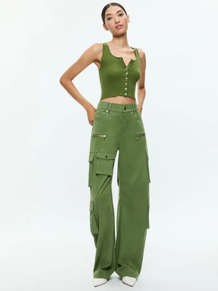 Tops Women Alice Olivia DARYN BUTTON THROUGH CROPPED TANK Avocado