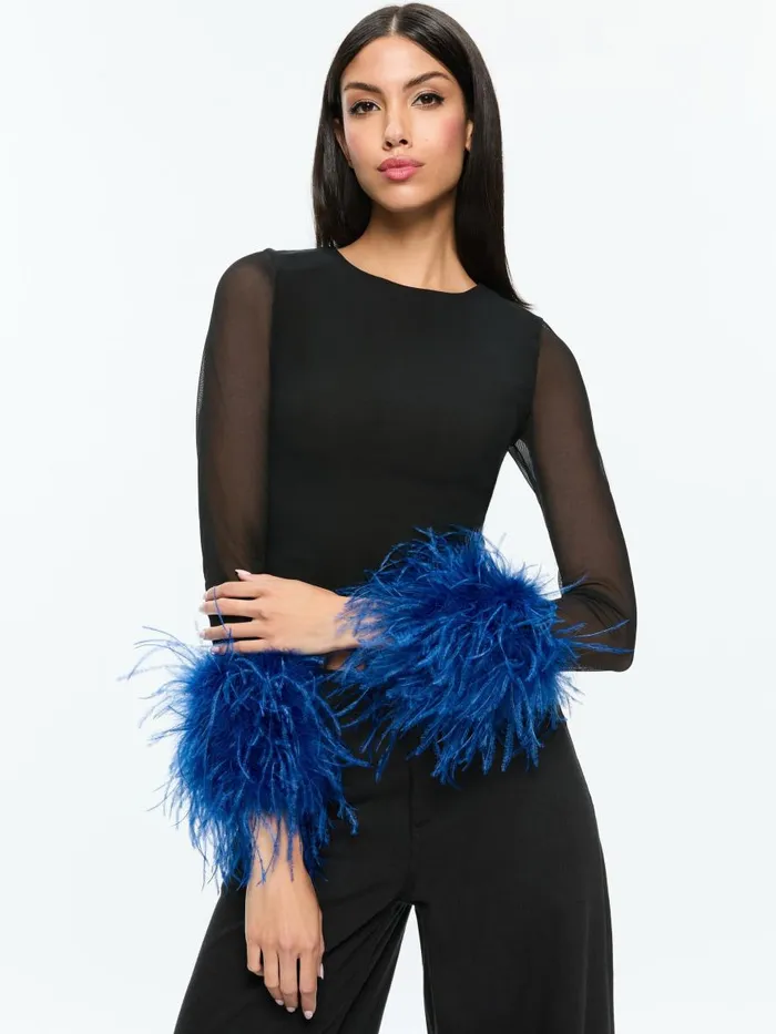 Tops Women Alice Olivia DELAINA MESH FEATHER CUFFED LONG SLEEVE TOP Blackroyal Tops Women Alice Olivia DELAINA MESH FEATHER CUFFED LONG SLEEVE TOP Blackroyal