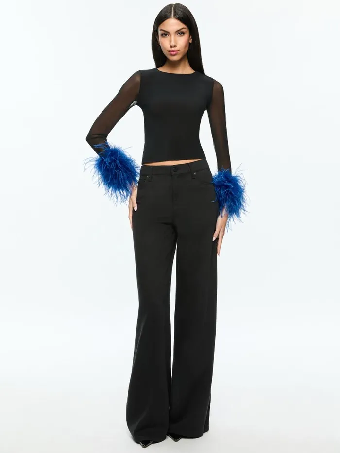 Tops Women Alice Olivia DELAINA MESH FEATHER CUFFED LONG SLEEVE TOP Blackroyal