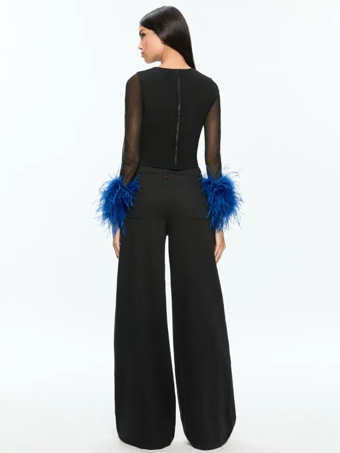 Tops Women Alice Olivia DELAINA MESH FEATHER CUFFED LONG SLEEVE TOP Blackroyal