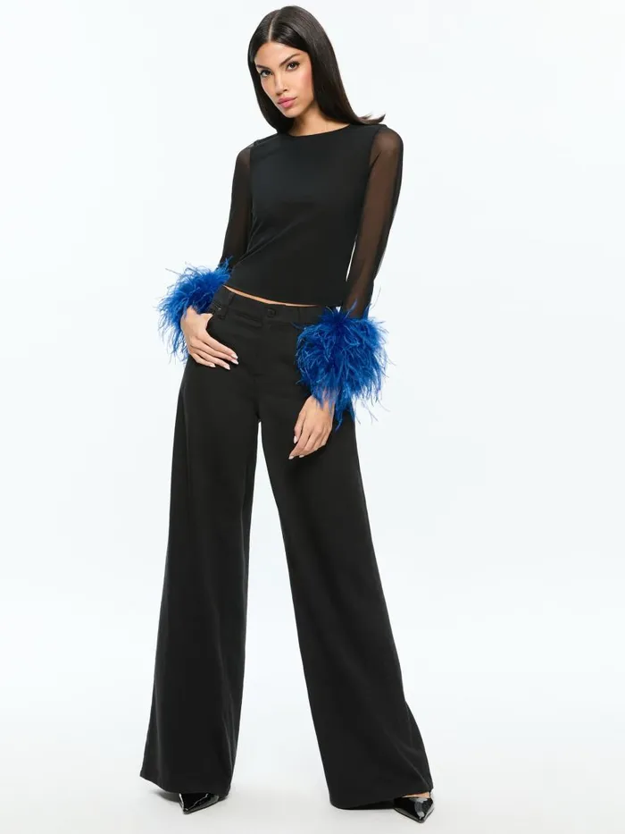 Tops Women Alice Olivia DELAINA MESH FEATHER CUFFED LONG SLEEVE TOP Blackroyal