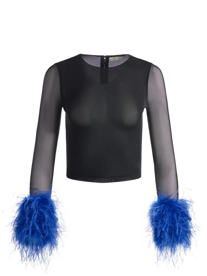 Tops Women Alice Olivia DELAINA MESH FEATHER CUFFED LONG SLEEVE TOP Blackroyal