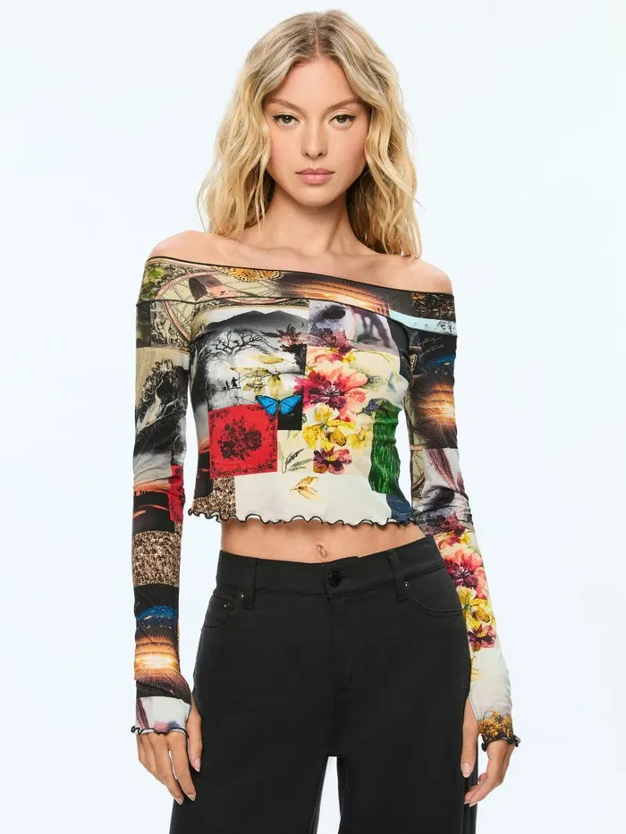 Tops Women Alice Olivia DORINDA OFF THE SHOULDER TOP WITH THUMBHOLES Eco Fusion Tops Women Alice Olivia DORINDA OFF THE SHOULDER TOP WITH THUMBHOLES Eco Fusion