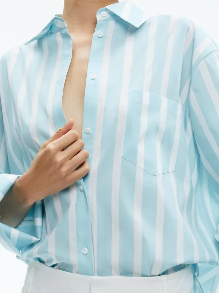 Tops Women Alice Olivia FINELY OVERSIZED LONG BUTTON DOWN SHIRT Dream Stripe Spring Sky