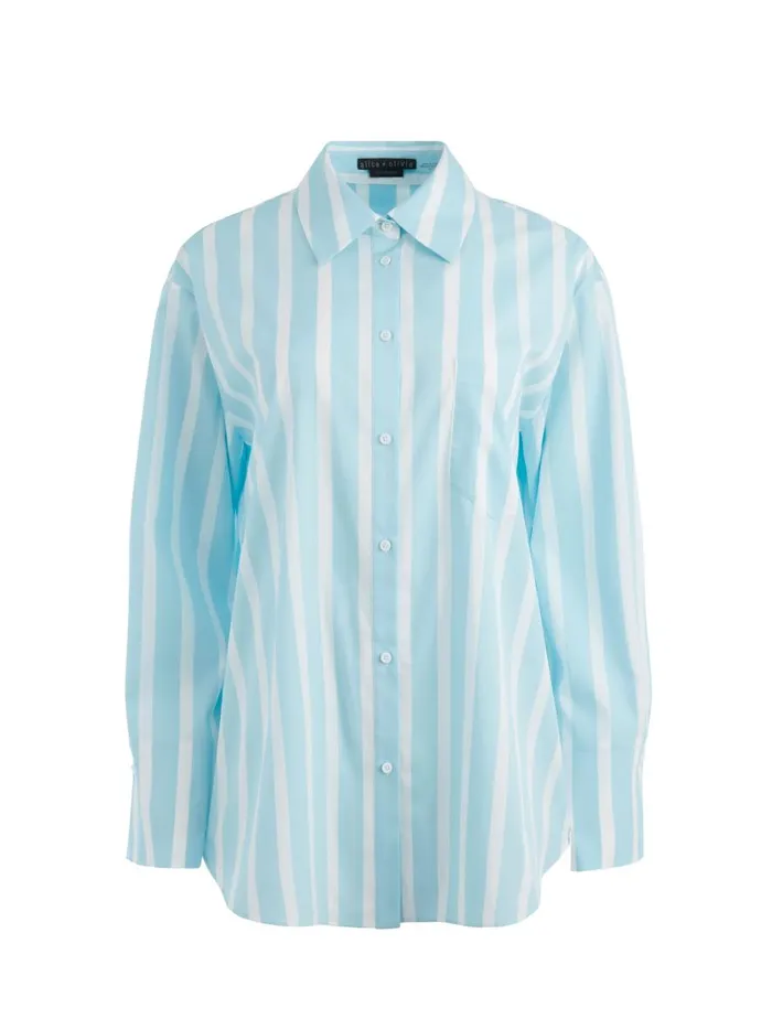 Tops Women Alice Olivia FINELY OVERSIZED LONG BUTTON DOWN SHIRT Dream Stripe Spring Sky