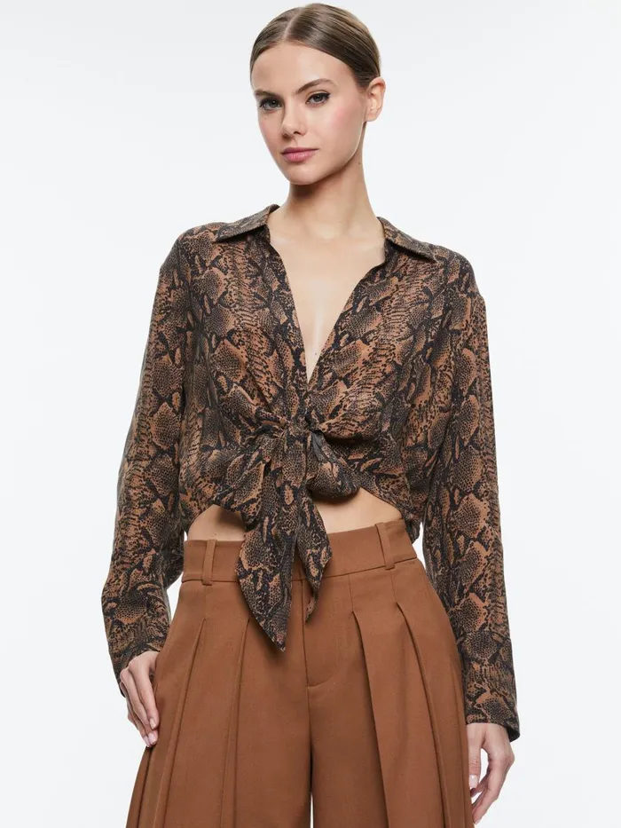 Tops Women Alice Olivia HANNON TIE FRONT BLOUSE Camelblack Snake