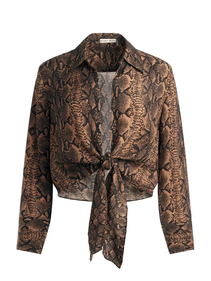 Tops Women Alice Olivia HANNON TIE FRONT BLOUSE Camelblack Snake