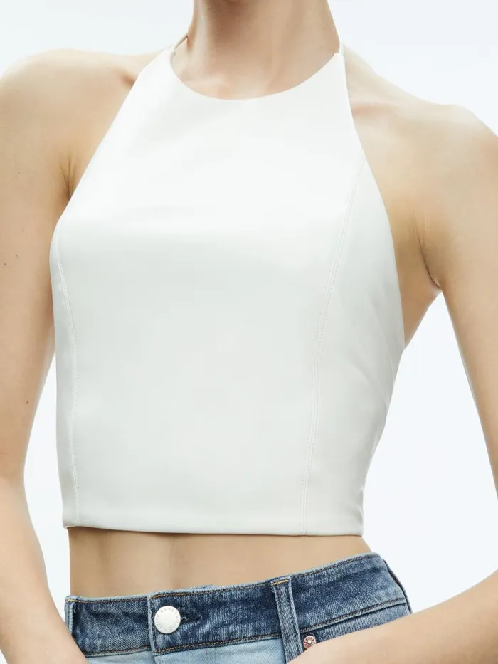 Tops Women Alice Olivia JAYMEE VEGAN LEATHER CROPPED HALTER TOP Off White