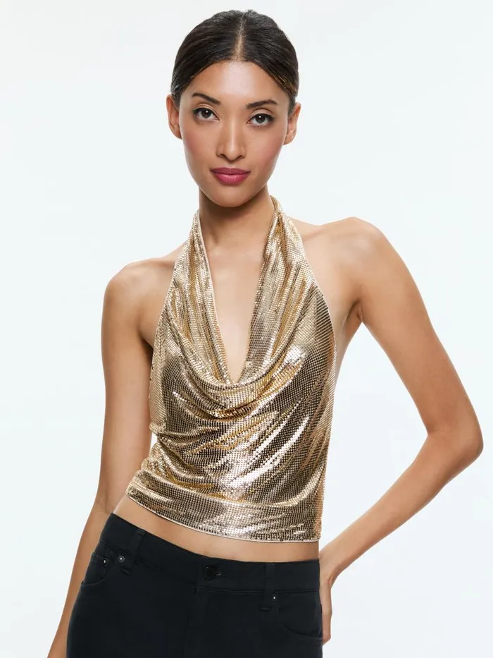 Tops Women Alice Olivia OLETA CHAINMAIL COWL NECK CROPPED TOP Pale Gold