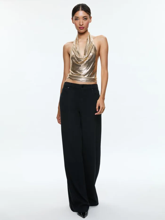 Tops Women Alice Olivia OLETA CHAINMAIL COWL NECK CROPPED TOP Pale Gold