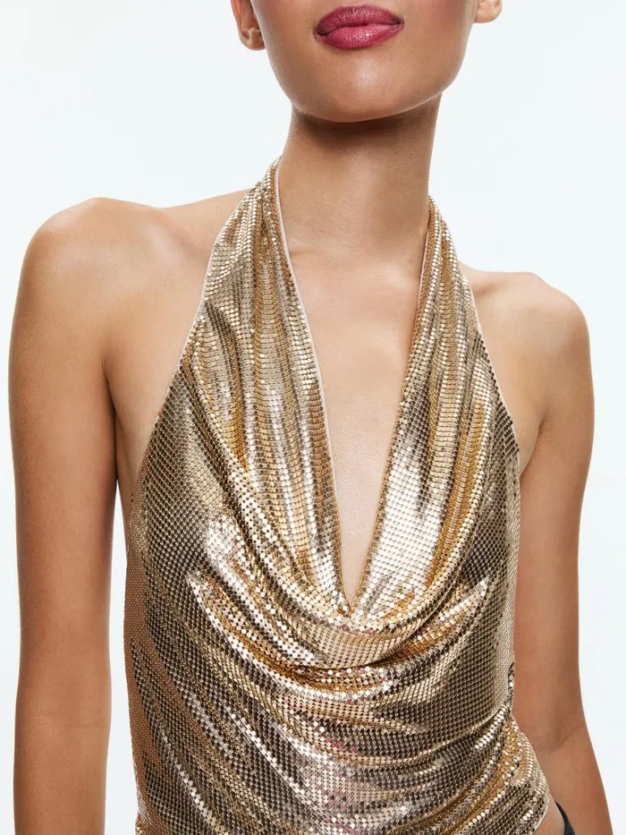 Tops Women Alice Olivia OLETA CHAINMAIL COWL NECK CROPPED TOP Pale Gold