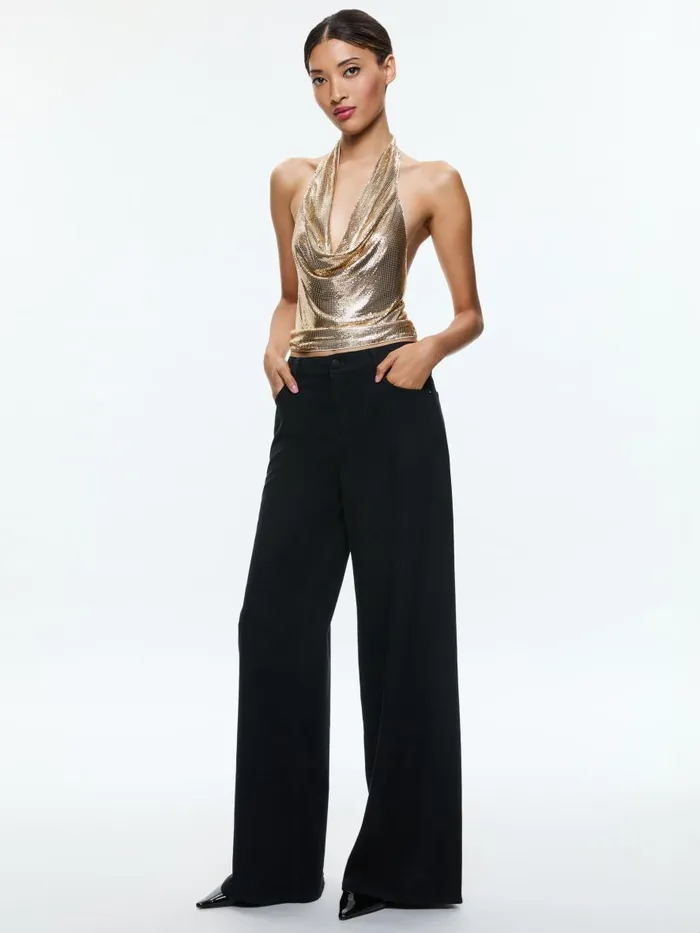 Tops Women Alice Olivia OLETA CHAINMAIL COWL NECK CROPPED TOP Pale Gold