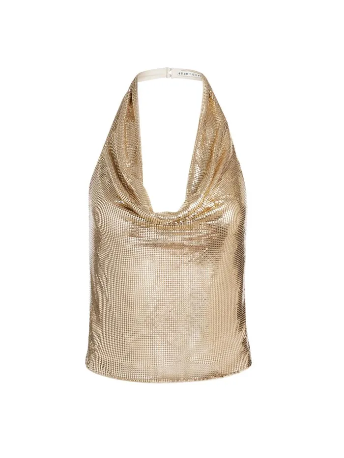 Tops Women Alice Olivia OLETA CHAINMAIL COWL NECK CROPPED TOP Pale Gold