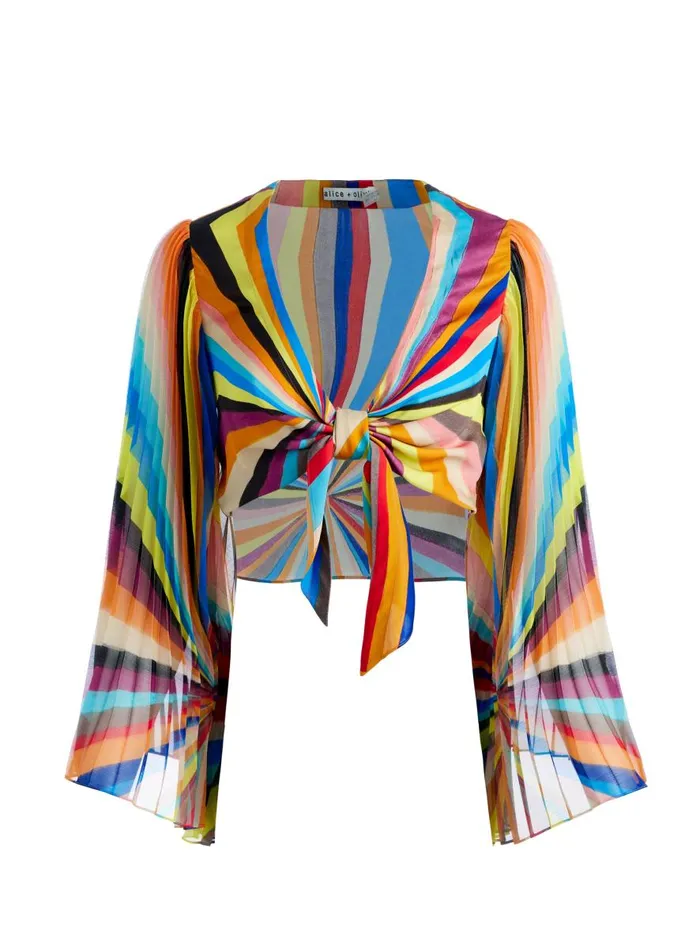 Tops Women Alice Olivia ROCHELLE TIE FRONT PLEATED CROP TOP Pomelo Stripe