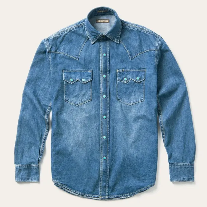 Turquoise Snap Western Denim Shirt Blue Men Stetson Denim Shirts