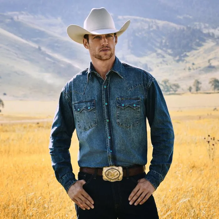Turquoise Snap Western Denim Shirt Blue Men Stetson Denim Shirts