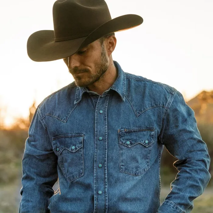 Turquoise Snap Western Denim Shirt Blue Men Stetson Denim Shirts