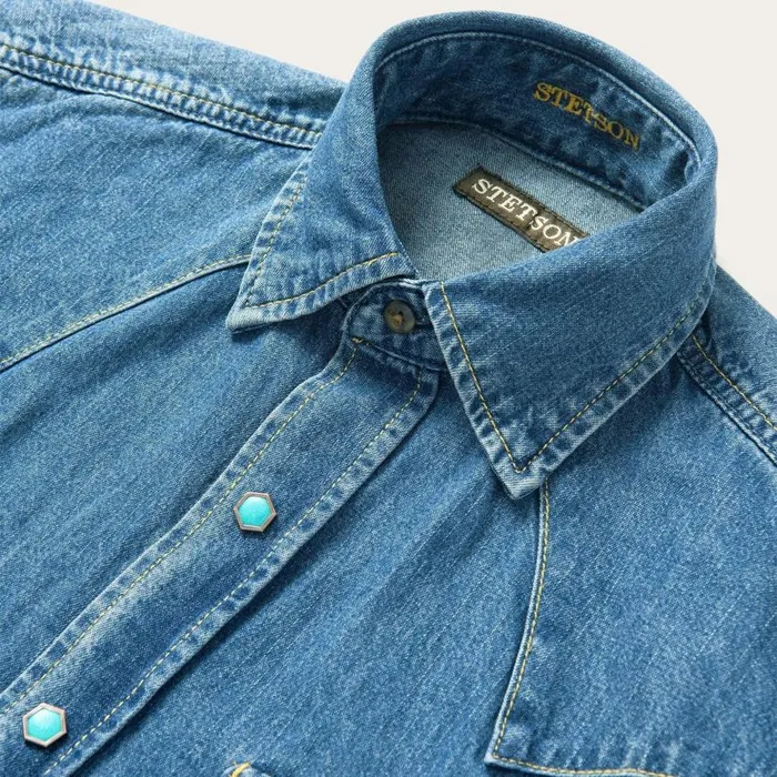 Turquoise Snap Western Denim Shirt Blue Men Stetson Denim Shirts
