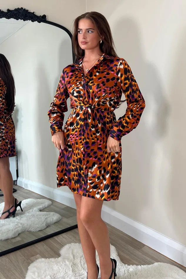 Verity Orange Animal Tie Front Mini Dress Women Girl In Mind Mini Dresses