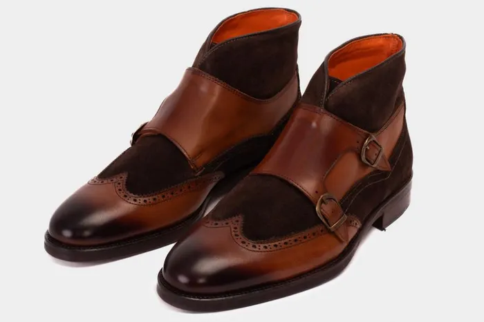 Vinci Leather Boots The Albus Tan Leather and Suede Double Strap Monk Brogue Boot 8211 Men