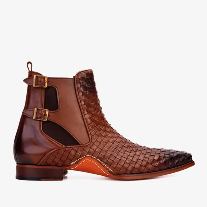 Vinci Leather Boots The Rolls Boot Woven Tan Leather Double Monk Strap Handmade Shoe 8211 Men