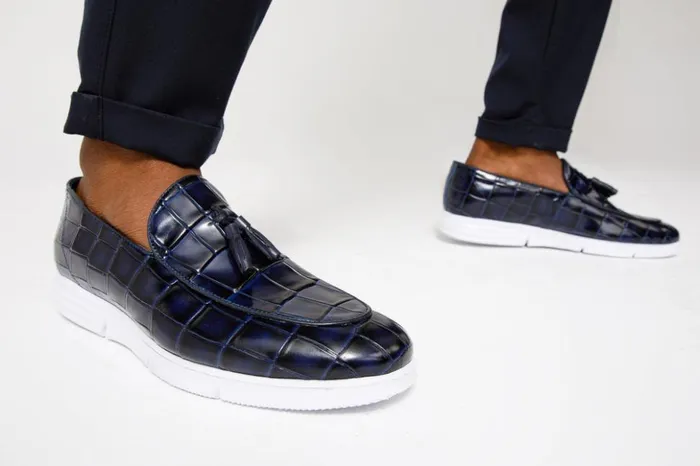 Vinci Leather Casual The Parga Navy Blue Leather Tassel Casual Loafer Shoe 8211 Men