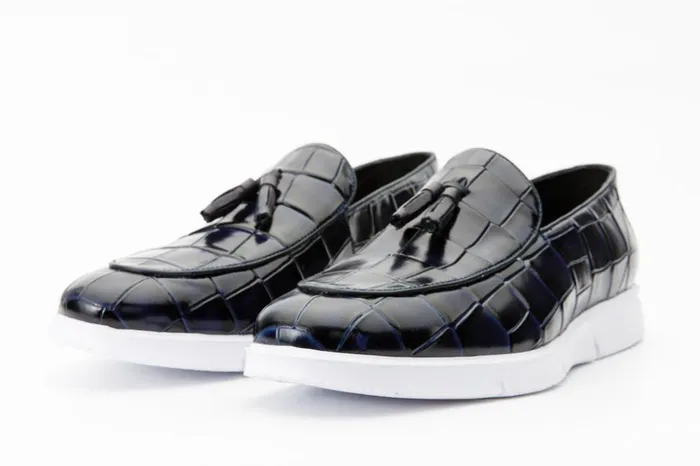 Vinci Leather Casual The Parga Navy Blue Leather Tassel Casual Loafer Shoe 8211 Men