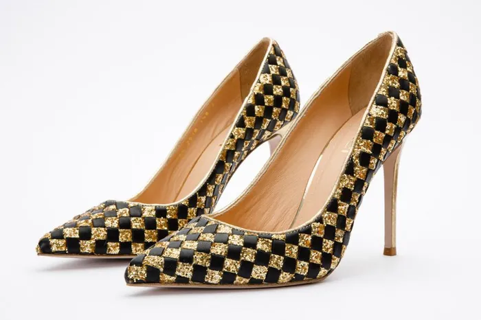 Vinci Leather Heels The Saks Tory Gold and Black Handwoven Leather Pump Shoe 8211 Women