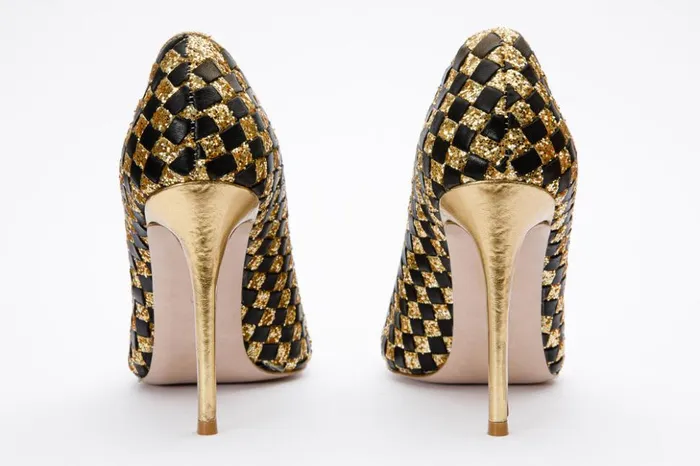 Vinci Leather Heels The Saks Tory Gold and Black Handwoven Leather Pump Shoe 8211 Women