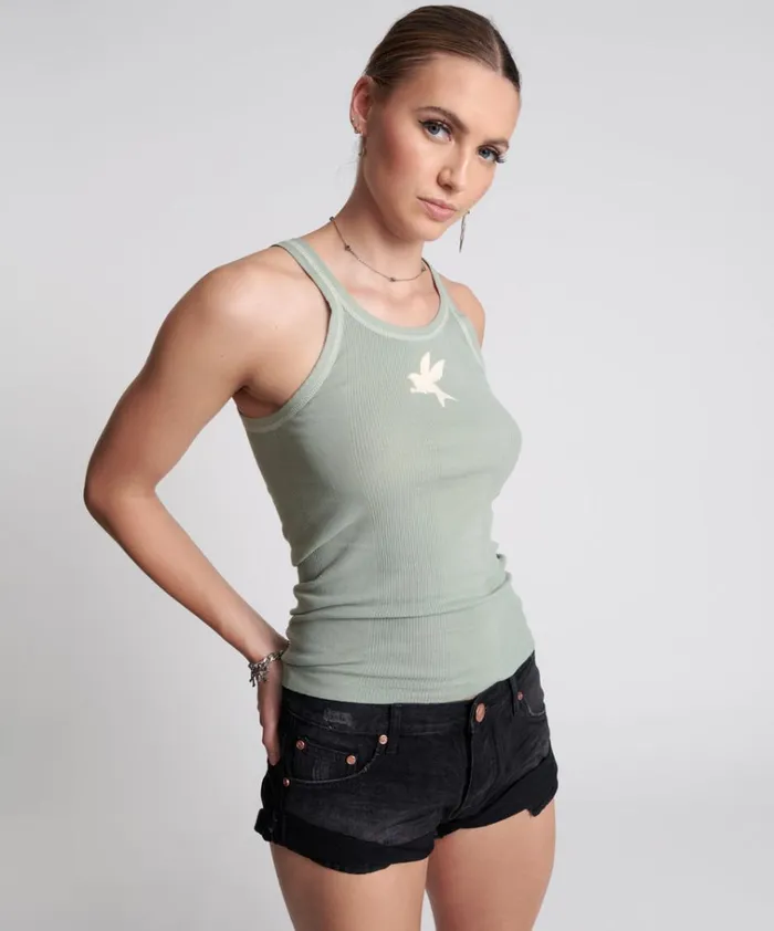 WASHED KHAKI BOWER BIRD SINGLET Women One Teaspoon Tees and Tanks WASHED KHAKI BOWER BIRD SINGLET Women One Teaspoon Tees and Tanks