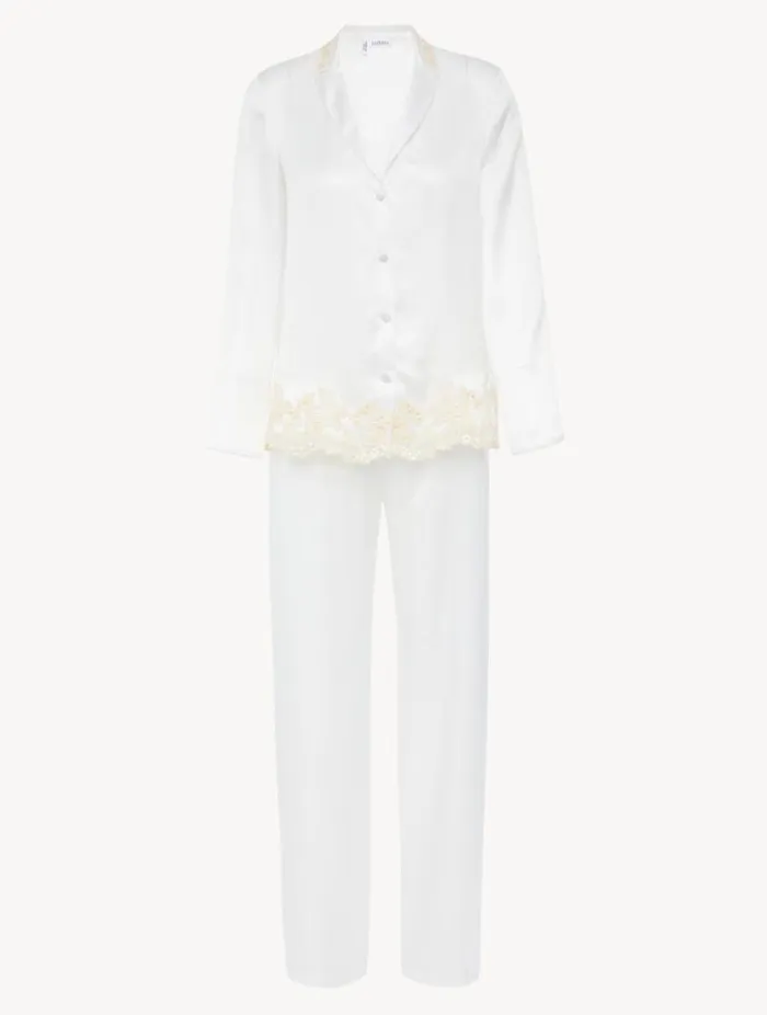 White Silk Long Pajamas With Frastaglio Sleepwear La Perla Pajamas