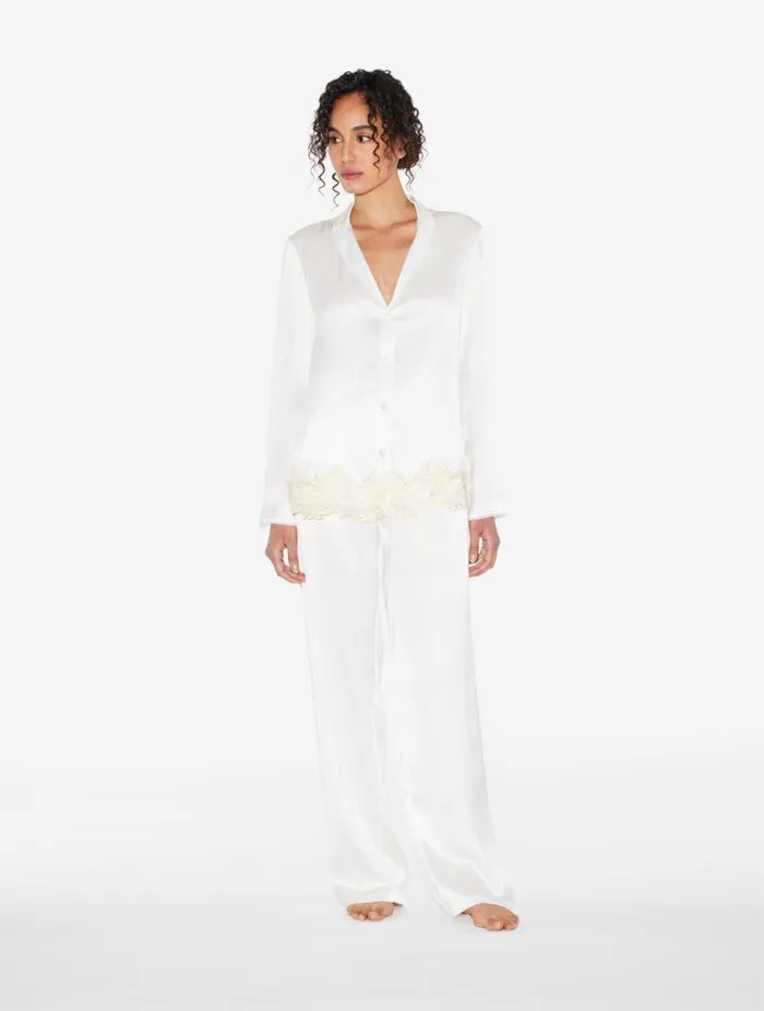 White Silk Long Pajamas With Frastaglio Sleepwear La Perla Pajamas