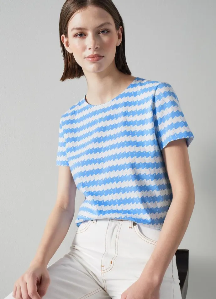 Women Calder Blue And White Wavy Stripe Organic Cotton TShirt White Provence LKBennett Tops