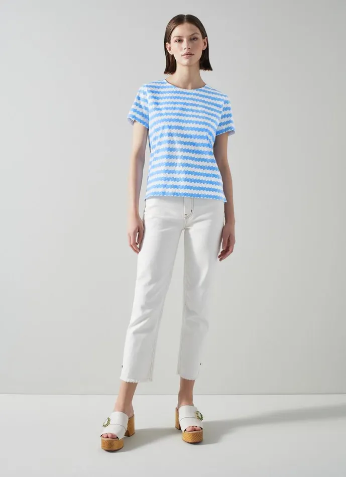 Women Calder Blue And White Wavy Stripe Organic Cotton TShirt White Provence LKBennett Tops Women Calder Blue And White Wavy Stripe Organic Cotton TShirt White Provence LKBennett Tops