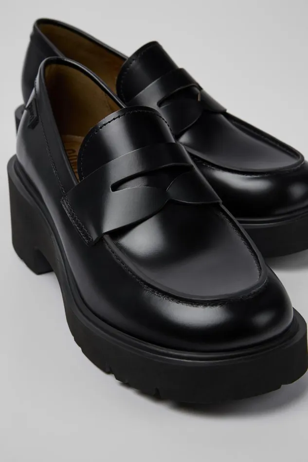 Women Camper Heels Milah Black Leather Moccasin Ballerinas