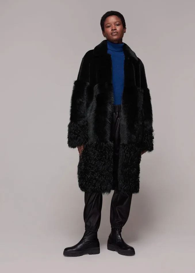 Women Coats and Jackets Whistles Black Cossma Shearling Longline Coat