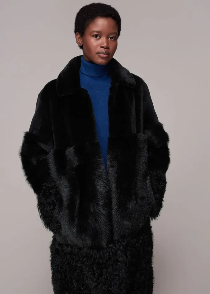Women Coats and Jackets Whistles Black Cossma Shearling Longline Coat