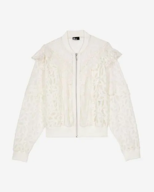 Women Coats and Parkas The Kooples Ecru Lace Ruffled Jacket Ecru