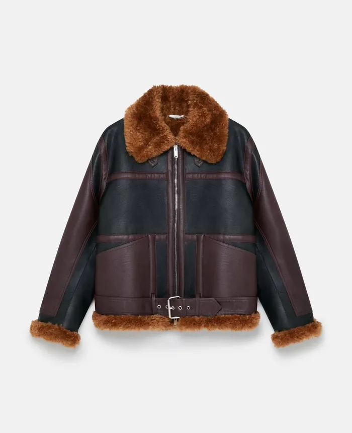 Women Coats And Jackets Stella McCartney Plush Teddy Paneled Biker Jacket Midnight Black And Chocolate Brown Women Coats And Jackets Stella McCartney Plush Teddy Paneled Biker Jacket Midnight Black And Chocolate Brown