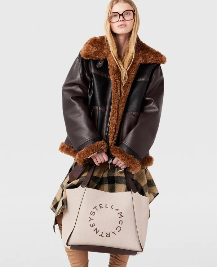 Women Coats And Jackets Stella McCartney Plush Teddy Paneled Biker Jacket Midnight Black And Chocolate Brown