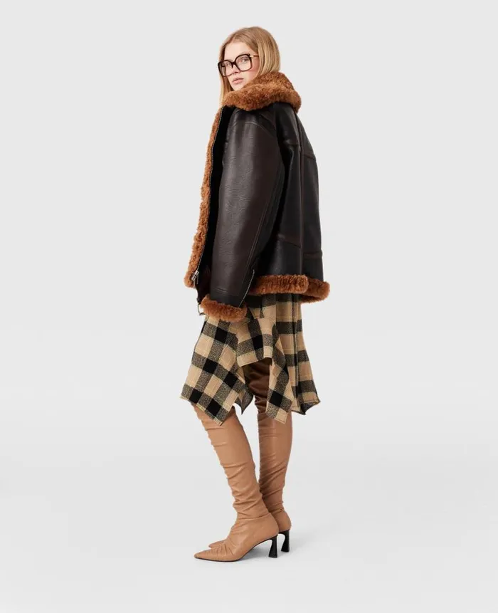 Women Coats And Jackets Stella McCartney Plush Teddy Paneled Biker Jacket Midnight Black And Chocolate Brown